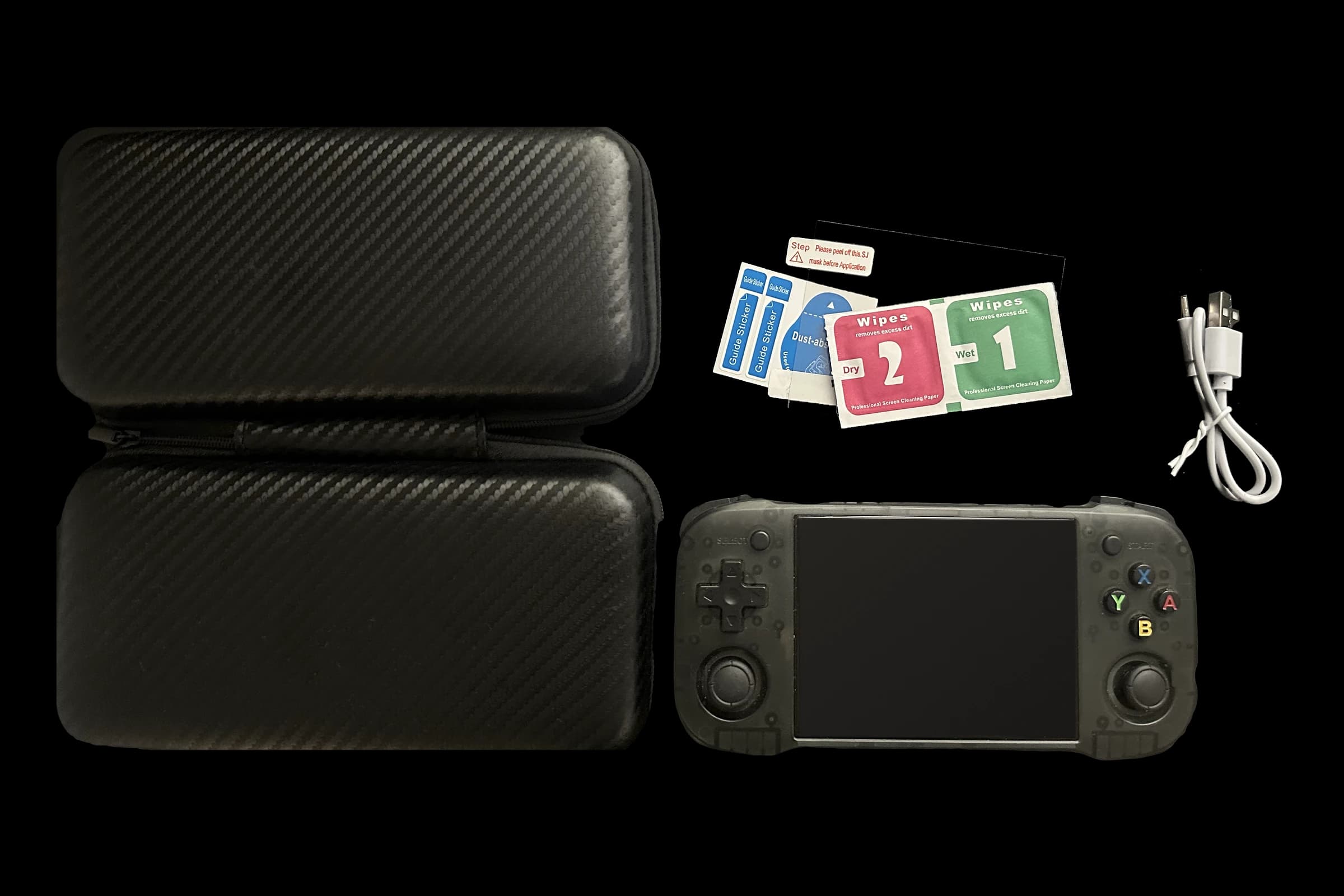 Ankiboy handheld beside its open carry case, USB cable and screen-protector accessories
